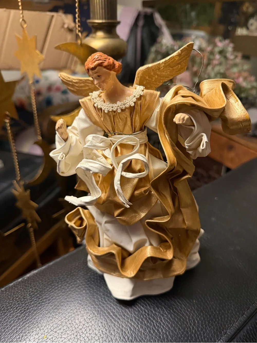 Vtg Pair Cartapesta Christmas Tree Topper Fabric Angel Mache Statue Italy